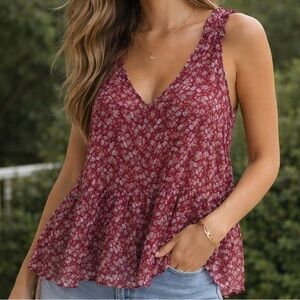 Preppy Floral American Eagle Semi-Sheer Red Summery Flowy Ruffled Shoulder Sz XL